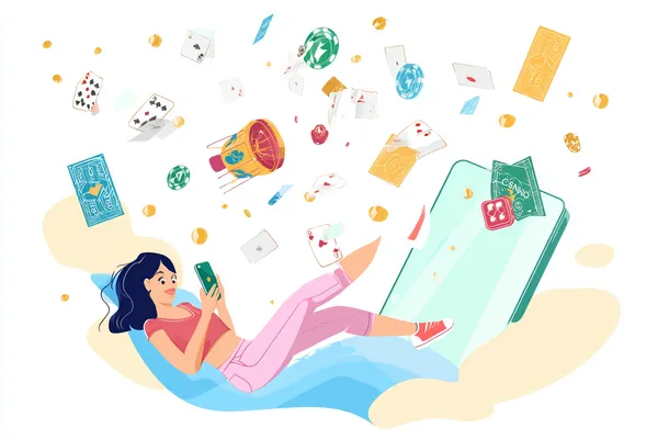 A young woman relaxing with her phone while dynamic casino elements float around her, illustrating the smooth mobile experience offered by the BDJL app.